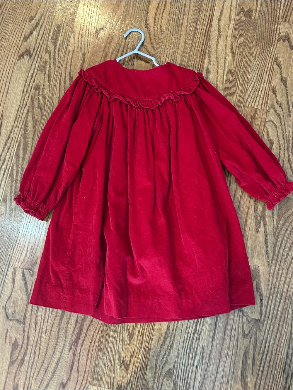 Girls' Deep Red Long-Sleeve Ruffled Collar Dress
